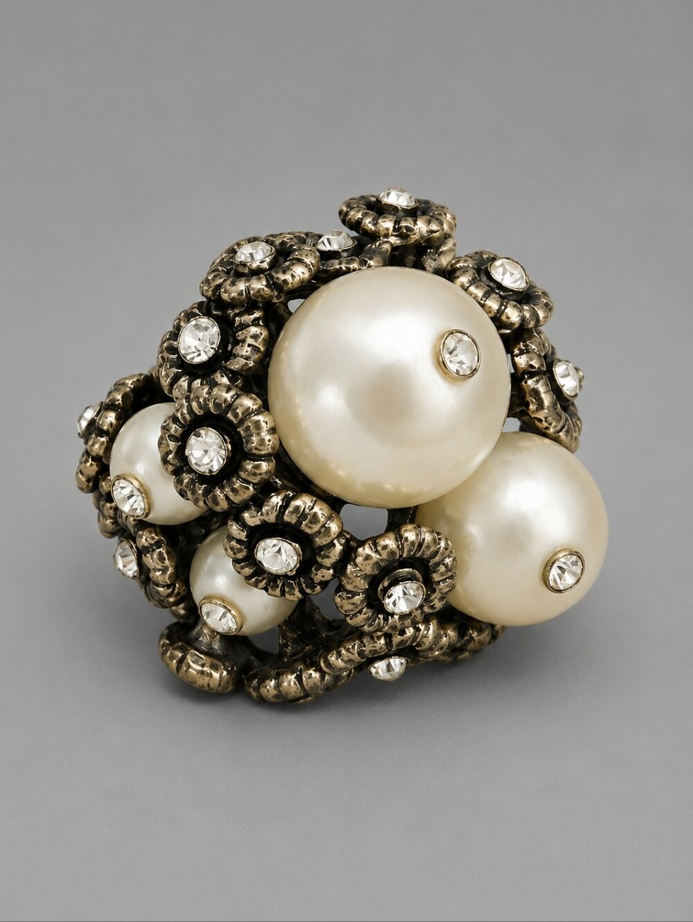 Vintage Pearl and Crystal Flower Cluster Adjustable Statement Ring